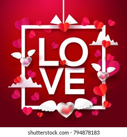 Romance greeting banner or card with red and fly white hearts with wings. Happy Valentine's day. Vector illustration. Typographic Love for holiday. Paper art cut out heart with shadows.
