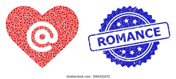 Romance grunge stamp seal and vector recursive mosaic dating heart address. Blue stamp has Romance caption inside rosette. Vector mosaic is composed from recursive rotated dating heart address items.