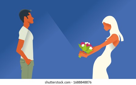 Romance. The guy gave the girl flowers, she is delighted, sniffs them, minimalistic illustration on a blue background