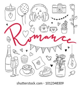 Romance hand drawn illustrations. Vector doodle lov symbols for St. Valentine's Day and wedding