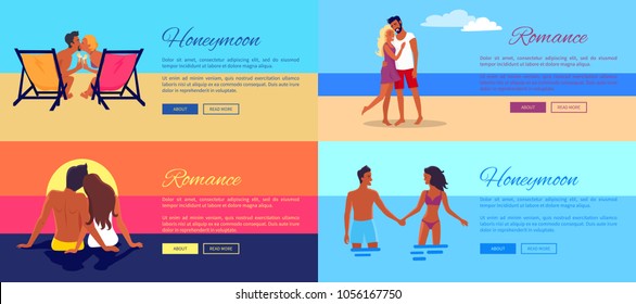 Romance honeymoon photos of happy couples on vacation at seaside that kiss on sunset, hug on beach and hold each others hands in ocean vector illustration