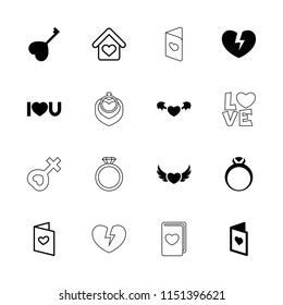 Romance icon. collection of 16 romance filled and outline icons such as heart key, i love you, love card, ring, heart angel wings. editable romance icons for web and mobile.