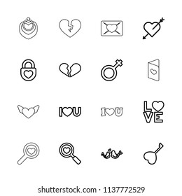 Romance icon. collection of 16 romance outline icons such as broken heart, heart with arrow, love word, lovebirds, male, i love you. editable romance icons for web and mobile.