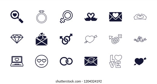 Romance icon. collection of 18 romance filled and outline icons such as swan heart, heart search, love letter, male and female. editable romance icons for web and mobile.