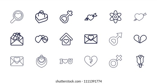 Romance icon. collection of 18 romance outline icons such as flower, broken heart, rose, love letter, heart with arrow, i love you. editable romance icons for web and mobile.