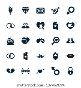 Romance icon. collection of 25 romance filled icons such as female, broken heart, heart search, hearts, love letter, lovebirds. editable romance icons for web and mobile.
