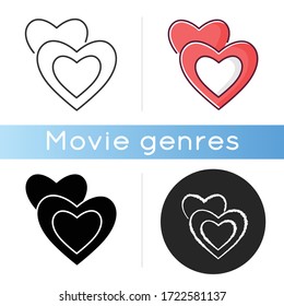 Romance icon. Linear black and RGB color styles. Romantic movie, love story. Popular cinema genre about relationship. Melodramatic film, chick flick. Hearts isolated vector illustrations