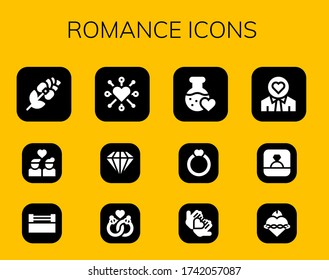 romance icon set. 12 filled romance icons. Included Rose, Couple, Ring, Heart, Diamond, Marriage, Love potion, Love, Sacred heart icons