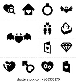 Romance icon. set of 13 filled romanceicons such as diamond, heart search, women couple, gear heart, love letter, male, ring in box, love card, love home
