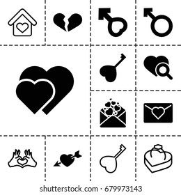 Romance icon. set of 13 filled and outline romance icons such as broken heart, heart search, love letter, woman, heart key, male, ring in box