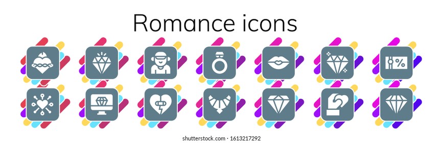 romance icon set. 14 filled romance icons. Included Sacred heart, Heart, Diamond, Boyfriend, Ring, Jewel, Kiss, Gem, Gift voucher icons