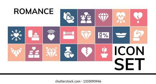romance icon set. 19 filled romance icons.  Collection Of - Love, Heart, Jewel, Couple, Diamond, Love potion, Rose, Ring, Gift voucher, Lips