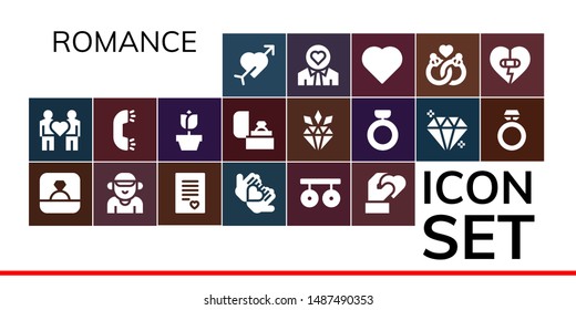 romance icon set. 19 filled romance icons.  Simple modern icons about  - Cupid, Couple, Ring, Boyfriend, Love letter, Love, Rings, Heart, Rose, Diamond, Gem, Marriage