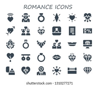 romance icon set. 30 filled romance icons.  Simple modern icons about  - Love, Boyfriend, Ring, Diamond, Heart, Cupid, Couple, Love letter, Gift voucher, Cervantes, Jewel, Lips