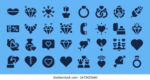 romance icon set. 32 filled romance icons. Included Lips, Gift voucher, Love, Heart, Gem, Jewel, Love potion, Diamond, Rose, Ring, Cupid, Couple, Marriage, Cervantes, Dating icons