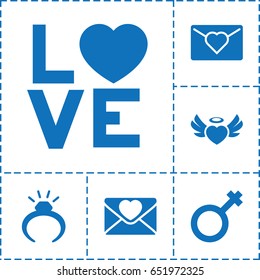Romance icon. set of 6 romance filled icons such as ring, heart angel wings, love letter, love word