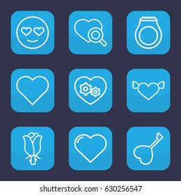 Romance icon. set of 9 outline romance icons such as heart, rose, heart search, emot in love
