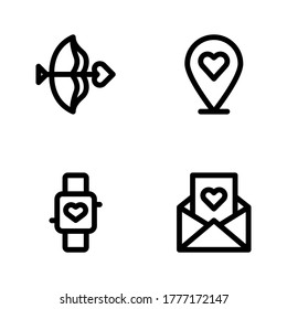 Romance icon set = arrow love, pin love, wristwatch, envelope.
Perfect for website mobile app, presentation, illustration and any other projects.