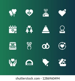 romance icon set. Collection of 16 filled romance icons included Wedding ring, Ring, Heart, Love, Wedding rings, Groom, Rings, Same sex marriage, Diamond, Heart balloon
