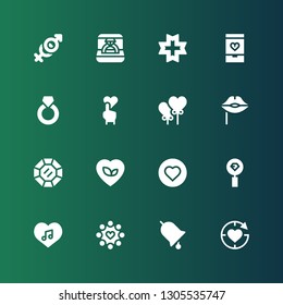 romance icon set. Collection of 16 filled romance icons included Love, Ring, Heart, Diamond, Lips, Heart balloon, Couple