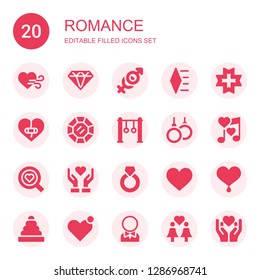 romance icon set. Collection of 20 filled romance icons included Heart, Diamond, Couple, Love, Rings, Romantic music, Give love, Ring, Groom, Same sex marriage