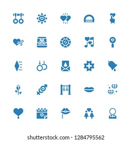 romance icon set. Collection of 25 filled romance icons included Groom, Same sex marriage, Lips, Love, Heart, Diamond, Rings, Couple, Rose, Ring, Birthday card, Romantic music