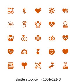 romance icon set. Collection of 25 filled romance icons included Diamond, Give love, Cupid, Heart, Ring, Love, Wedding rings, Groom, Rose, Rings