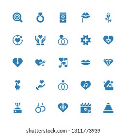 romance icon set. Collection of 25 filled romance icons included Rings, Love, Broken heart, Diamond, Wedding ring, Give love, Heart, Lips, Romantic music, Ring, Rose