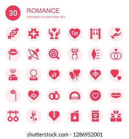 romance icon set. Collection of 30 filled romance icons included Couple, Love, Give love, Rings, Lips, Cupid, Ring, Diamond, Groom, Heart balloon, Broken heart, Heart, Wedding rings