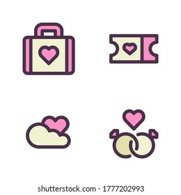 Romance icon set (Filled Line) = briefcase, ticket, cloud love, diamond ring.
Perfect for website mobile app, presentation, illustration and any other projects.
