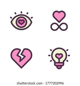 Romance icon set (Filled Line) = eye love, infinity love, broken heart, lamp love.
Perfect for website mobile app, presentation, illustration and any other projects.