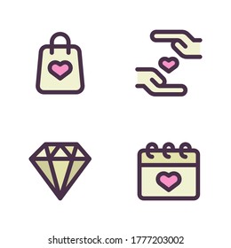 Juego de iconos de romance (línea rellenada) = bolsa de compras, amor de mano, diamante, calendario.
Perfecto para aplicaciones móviles web, presentación, ilustración y cualquier otro proyecto.