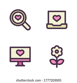 Romance icon set (Filled Line) = search love, laptop love, computer love, flower.
Perfect for website mobile app, presentation, illustration and any other projects.