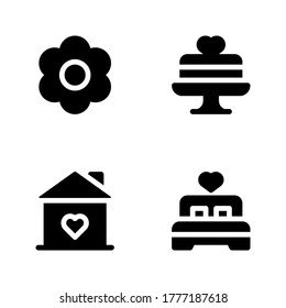 Romance icon set = flower, wedding cake, home love, bedroom.
Perfect for website mobile app, presentation, illustration and any other projects.