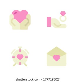 Romance icon set = hand love, gift diamond ring, alarm, envelope.
Perfect for website mobile app, presentation, illustration and any other projects.