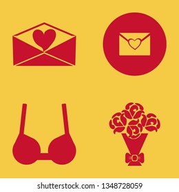 romance icon set with heart envelope, rose bouquet and brassiere vector illustration