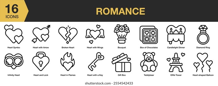 Romance icon set. Includes heart, diamond ring, bouquet, teddybear, eiffel tower, candlelight, and More. Outline icons vector collection.