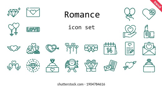 romance icon set. line icon style. romance related icons such as love, couple, engagement ring, balloons, garter, lipstick, heart, cupid, diamond, love birds, love letter, newlyweds, valentines day, 
