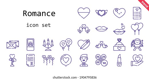 romance icon set. line icon style. romance related icons such as love, groom, balloon, balloons, engagement ring, lipstick, kiss, petals, heart, cupid,planning, lips, love birds, candelabra, love lett