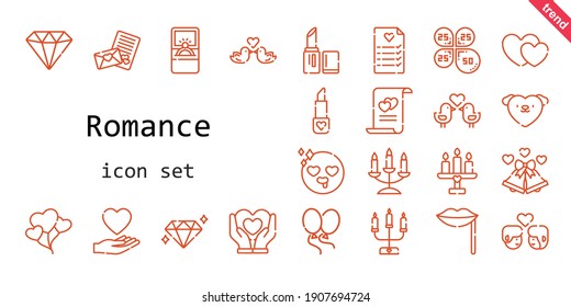 romance icon set. line icon style. romance related icons such as love, couple, balloons, engagement ring, lipstick, wedding bells, petals, heart, wedding planning, diamond, lips, in love, candelabra