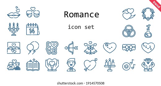 romance icon set. line icon style. romance related icons such as love, groom, couple, wedding ring, balloons, garter, broken heart, necklace, wedding bells, kiss, heart, love potion, cupid, diamond