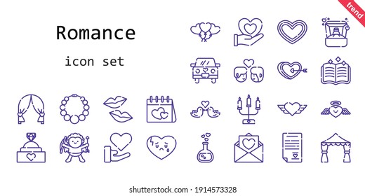romance icon set. line icon style. romance related icons such as love, couple, engagement ring, balloons, ring, broken heart, necklace, kiss, heart, love potion, cupid, wedding car, spellbook, wedding