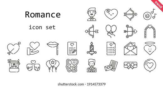 romance icon set. line icon style. romance related icons such as love, couple, balloon, groom, ring, balloons, garter, heart, cupid, wedding planning, lips, romantic music, wedding arch, candle