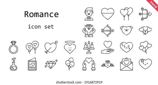 romance icon set. line icon style. romance related icons such as love, cupid, diamond, groom, balloon, balloons, engagement ring, candle, broken heart, love letter, heart, love potion, 