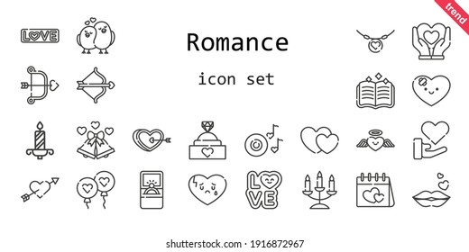 romance icon set. line icon style. romance relaicons such as love, balloon, engagement ring, broken heart, necklace, kiss, wedding bells, heart, cupid, romantic music, spellbook, candelabra