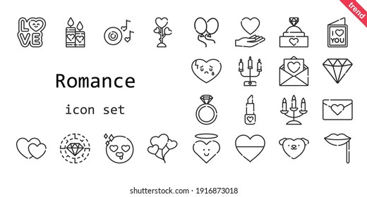 romance icon set. line icon style. romance related icons such as love, engagement ring, balloons, broken heart, candles, lipstick, heart, diamond, lips, romantic music, in love, candelabra, hearts