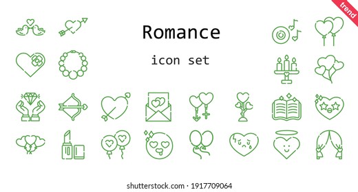 romance icon set. line icon style. romance related icons such as love, couple, balloon, balloons, broken heart, necklace, lipstick, heart, cupid, diamond, spellbook, romantic music, wedding arch