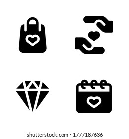 Romance icon set = shopping bag, hand love, diamond, calendar.
Perfect for website mobile app, presentation, illustration and any other projects.