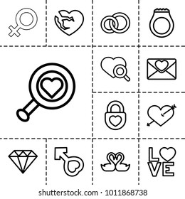 Romance icons. set of 13 editable outline romance icons such as diamond, heart with arrow, engagement ring, heart search, love letter, love word, male, ring