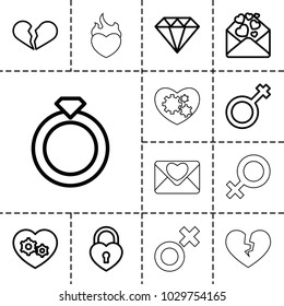 Romance icons. set of 13 editable outline romance icons such as diamond, broken heart, ring, gear heart, love letter, male